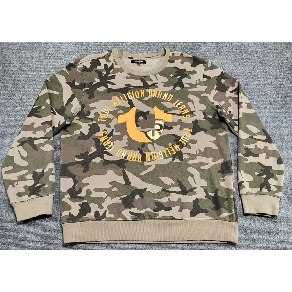 True Religion Camo Crewneck Sweatshirt Men's Green Military Pullover Sz X-Large